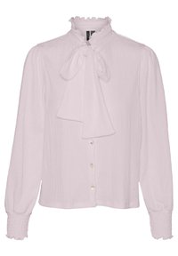 Blusa rosa chiaro realizzata in tessuto texturizzato, con colletto arricciato, dettaglio a fiocco al collo e chiusura con bottoni lungo la parte anteriore.