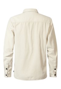 Helles beige Corduroy-Hemd mit langen Ärmeln, klassische Kragenform und knöpfbaren Manschetten. Dezente gerippte Textur im Stoff sichtbar.