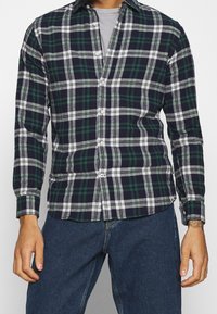 Miesten ruudullinen paita, jossa on vihreitä, laivastonsinisiä ja valkoisia värejä, napitus, pitkät hihat ja rento fit sekä kaareva helma.