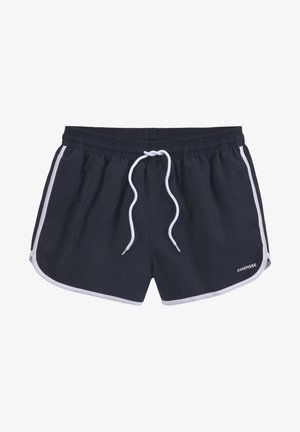 Dunkelblaue Badeshorts mit weißem Kordelzug und seitlichen Streifen. Hergestellt aus leichtem Material, mit lockerer Passform und abgerundetem Saum.