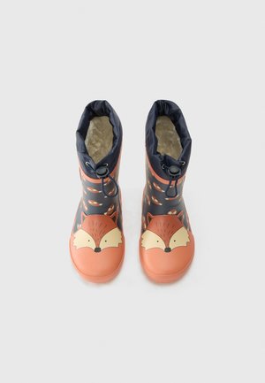 Bottes de pluie en caoutchouc avec un dessus bleu marine présentant un design de renard, un embout orange et une doublure douce. Comprend un cordon de serrage réglable en haut.