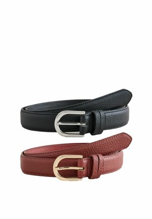 Two textured leather belts, one black with a silver buckle and one brown with a gold buckle, each coiled with the buckle facing forward.