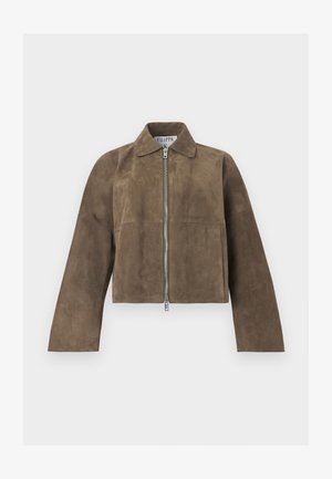 Brown suede cropped jacket with long sleeves, silver front zipper, and spread collar, displayed on a plain white background.