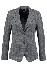 Grijze geruite blazer met twee voorknopjes, revers en voorkruiden, gekenmerkt door een gestructureerde stof en een gestructureerde pasvorm.