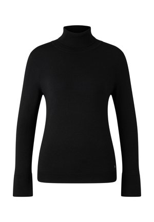 Black long-sleeve turtleneck sweater with ribbed cuffs and hem, simple and fitted design, displayed on white background.