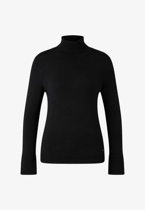 Black long-sleeve turtleneck sweater with ribbed cuffs and hem, simple and fitted design, displayed on white background.