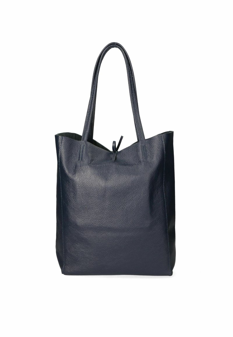 Borsa a tracolla in pelle blu navy con finitura testurizzata, manici alti e forma rilassata. Presenta una parte superiore aperta con un dettaglio di chiusura annodata.