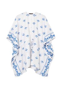 Copertura in stile kimono bianca con ricami floreali blu, con apertura frontale e maniche ampie. Presenta un girovita con coulisse e finiture a onda.