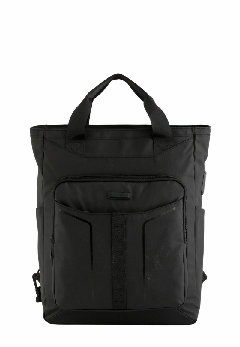 Svart tygväska i hållbart material, med en dragkedjeförsedd framficka, dubbla korta handtag och en strukturerad design med vinklade accenter.