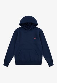 Hoodie bleu marine en coton, avec une poche kangourou à l'avant, des poignets côtelés et une étiquette logo sur la poitrine. Texture lisse.
