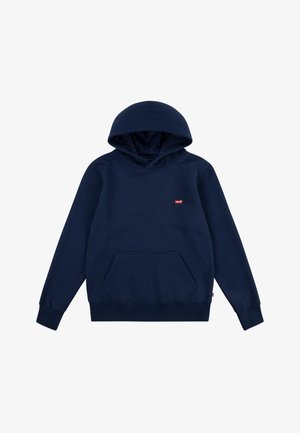 Navyblauwe hoodie van katoen, met een vooraanstaande kangoeroezak, ribgebreide boorden en een logolabel op de borst. Soepele textuur.