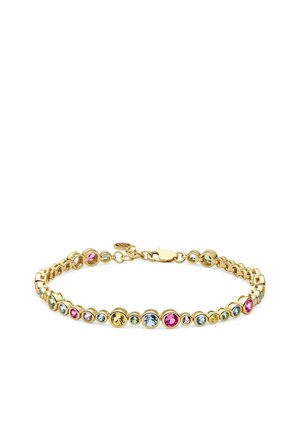 Bracciale in oro con pietre preziose rotonde multicolore disposte in modo uniforme lungo la fascia con chiusura a moschettone.