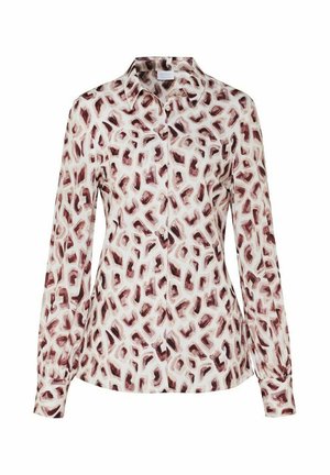 Langärmlige Bluse mit Knopfleiste in einem braun-beigen abstrakten geometrischen Muster auf weißem Hintergrund.