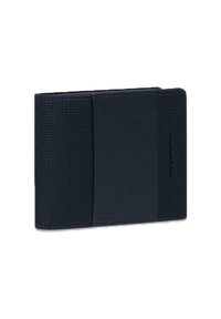 Portafoglio nero con superficie in tessuto strutturato e una banda centrale liscia. Presenta dettagli cuciti e un logo discreto. Forma rettangolare compatta.