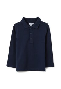 Marineblaue Langarm-Poloshirt mit Kragen, vier Knöpfen und strukturierter Stoffqualität. Lässiges Design, ideal zum Übereinandertragen.