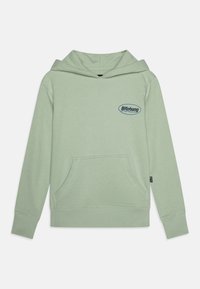 Light green hooded sweatshirt made of soft fabric, featuring a front pocket and a logo patch in dark blue on the chest.