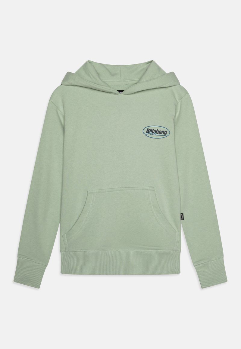 Light green hooded sweatshirt made of soft fabric, featuring a front pocket and a logo patch in dark blue on the chest.