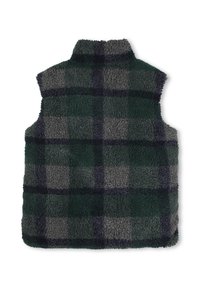 Fleeceväst med hög krage, prydd med ett grön- och grårutigt mönster, lätt vikt och ärmlös design.