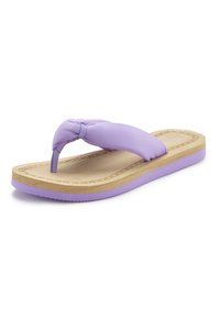 Violet šlepetės su paminkštintu pirštų laikikliu, mediniu padu ir šviesiai violetiniu guminio pado, su subtiliu dekoratyviniu siuvinėjimu.
