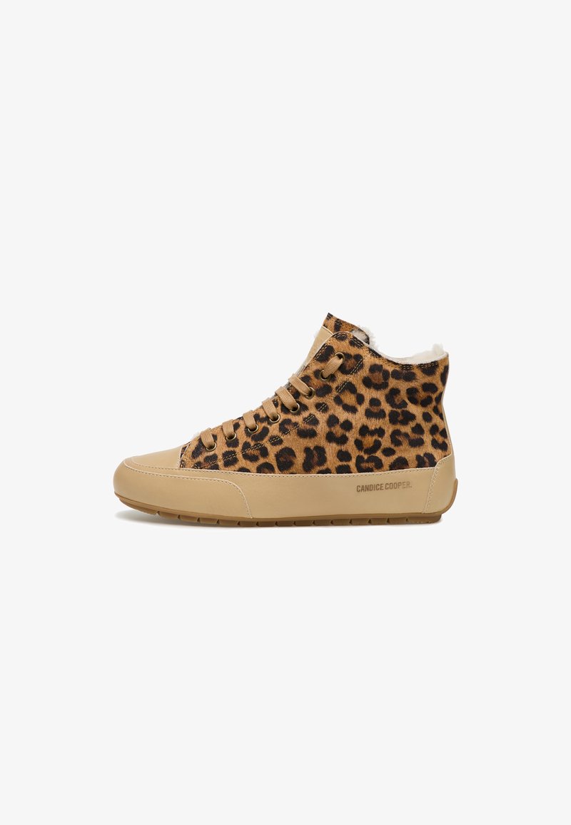 High-top sneakers featuring a leopard print upper in tan and brown hues, with a smooth beige leather toe cap and accent. Textured rubber sole.
