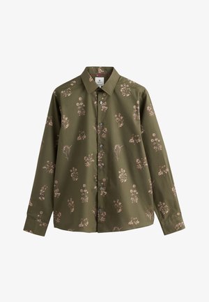 Olive green button-up shirt made from cotton; features a floral pattern in light pink, a collar, and long sleeves.