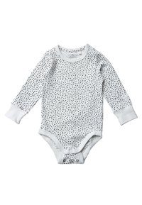 Langärmliger Babybody aus weißer Baumwolle mit einem schwarzen gepunkteten Muster, ausgestattet mit einem Rundhalsausschnitt und Druckknöpfen im Schritt.