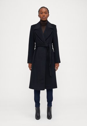 BELTED WOOL-BLEND WRAP COAT - Klasszikus kabát - black