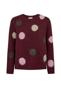 Burgundyröd stickad tröja med långa ärmar, prydd med stora rosa, beige och mörkgrå fluffiga prickar utspridda över tyget.