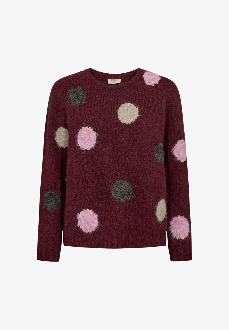 Burgunderfarbener Strickpullover mit langen Ärmeln, der große rosa, beige und dunkelgraue, flauschige Punkte zeigt, die über den Stoff verteilt sind.