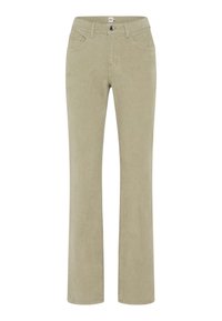 Grønne corduroy bukser med slim fit, lige ben-design, fem lommer og frontknaplukning. Blød tekstur, afslappet stil.