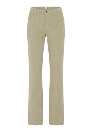 Groene corduroy broek met een slim fit, recht gesneden design, vijf zakken en een sluiting met een knoop aan de voorkant. Zachte textuur, casual stijl.