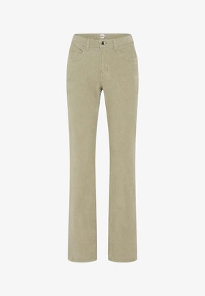 Grüne Cord-Hosen mit schmaler Passform, geradem Bein, fünf Taschen und einer knöpfbaren Vorderseite. Weicher Stoff, lässiger Stil.