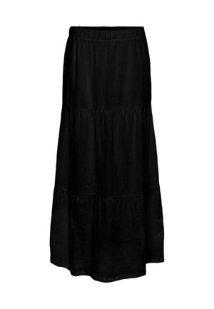 Saia maxi preta, em camadas, com cintura elástica, feita de um tecido leve, apresentando um acabamento texturizado e uma silhueta fluida.