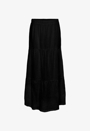 Black, tiered maxi skirt with an elastic waistband, made from a lightweight fabric, featuring a textured finish and flowing silhouette.