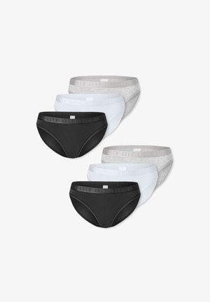 Six paires de culottes femme en noir, blanc et gris. Fabriquées en coton, elles présentent une forme arrondie et des ceintures élastiques avec des accents de logo.