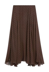 Brown midi skirt with black polka dots, flowy fabric, and an uneven hemline.