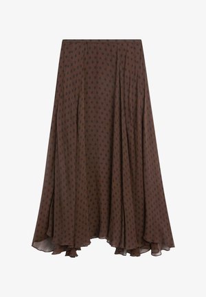Gonna midi marrone con pois neri, tessuto fluido e orlo irregolare.