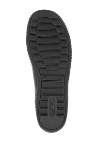 Semelle de chaussure en caoutchouc noir présentant des rainures horizontales et verticales pour une meilleure traction, avec un logo moulé et des indications de taille.
