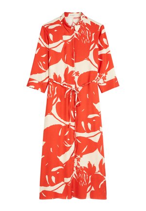 Rot-weißer Blumenmuster-Kleid mit Kragen, Dreiviertelärmeln und einem gebundenen Bund. Hergestellt aus glattem Stoff mit einem lässigen Schnitt.