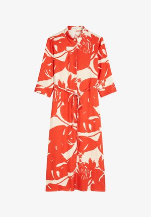 Rot-weißer Blumenmuster-Kleid mit Kragen, Dreiviertelärmeln und einem gebundenen Bund. Hergestellt aus glattem Stoff mit einem lässigen Schnitt.