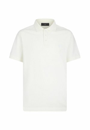 Hvid kortærmet polo-shirt med krave og tre-knaps lukning, ensfarvet design på hvid baggrund.