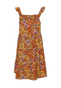 Bloemige jurk met gerimpelde bandjes, met een oranje achtergrond en paarse, gele en roze bloempatronen. In lagen ontworpen rok.