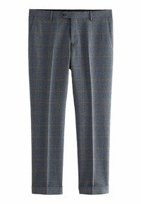 Gray plaid trousers with a subtle texture, featuring a waist button closure and two pockets. The pattern includes orange accents.