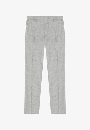 Pantalons gris sur mesure avec un tissu texturé, dotés de deux poches avant, d'un devant plat et d'une coupe droite. Pas de marque visible.