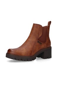 Braune Leder-Ankle-Boots mit runder Zehenform, elastischen Seitenpaneelen und einer strukturierten Gummisohle. Sie verfügen über einen Blockabsatz und eine detaillierte Naht.