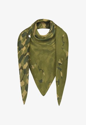 Sciarpa verde con motivo che presenta tonalità di verde scuro, verde chiaro e beige, realizzata in un tessuto morbido; forma triangolare con estremità appuntite.