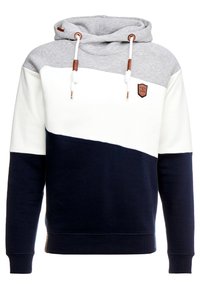 Capuchon sweatshirt in grijs, wit en marineblauw. Bevat een diagonale kleurblokontwerp, van katoen gemaakt en heeft een leerachtig embleem op de borst.