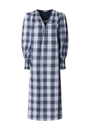 Lungo vestito a quadri in blu navy, bianco e azzurro chiaro. Presenta un collo arricciato con fiocco, maniche a sbuffo e polsini arricciati. Tessuto in misto cotone.