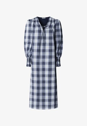 Lang kjole med tern i marineblå, hvid og lyseblå. Har en rynket halsudskæring med bindebånd, pufærmer og smockede manchetter. Fremstillet i bomuldsblanding.