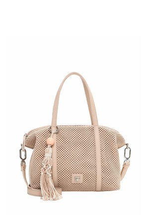 Beigen värinen kudottu käsilaukku, jossa on kaksoiskahvat, irrotettava olkahihna, koristeellinen tupsu puisella helmellä ja etupuolella metallinen SF-logo.
